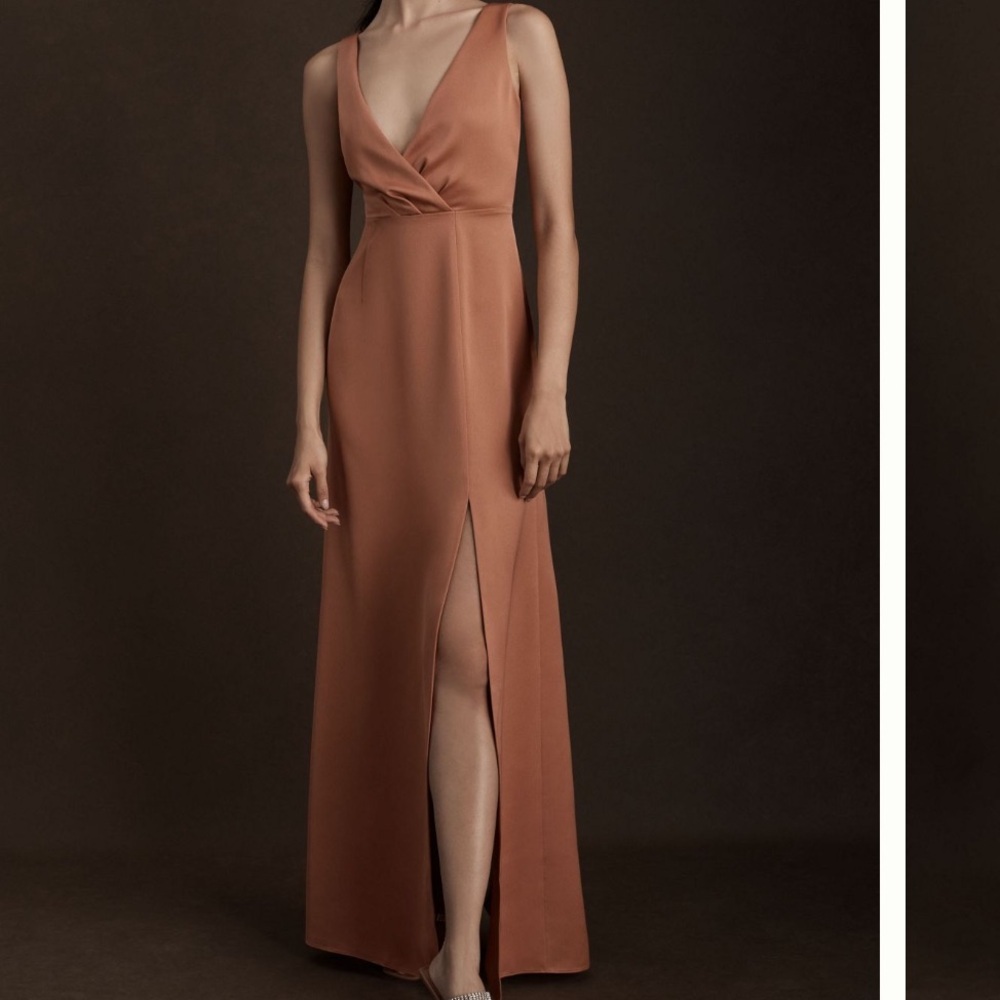 Anthropologie BHLDN Piper V-Neck Side Slit Satin Gown Dress in Sedona US 6